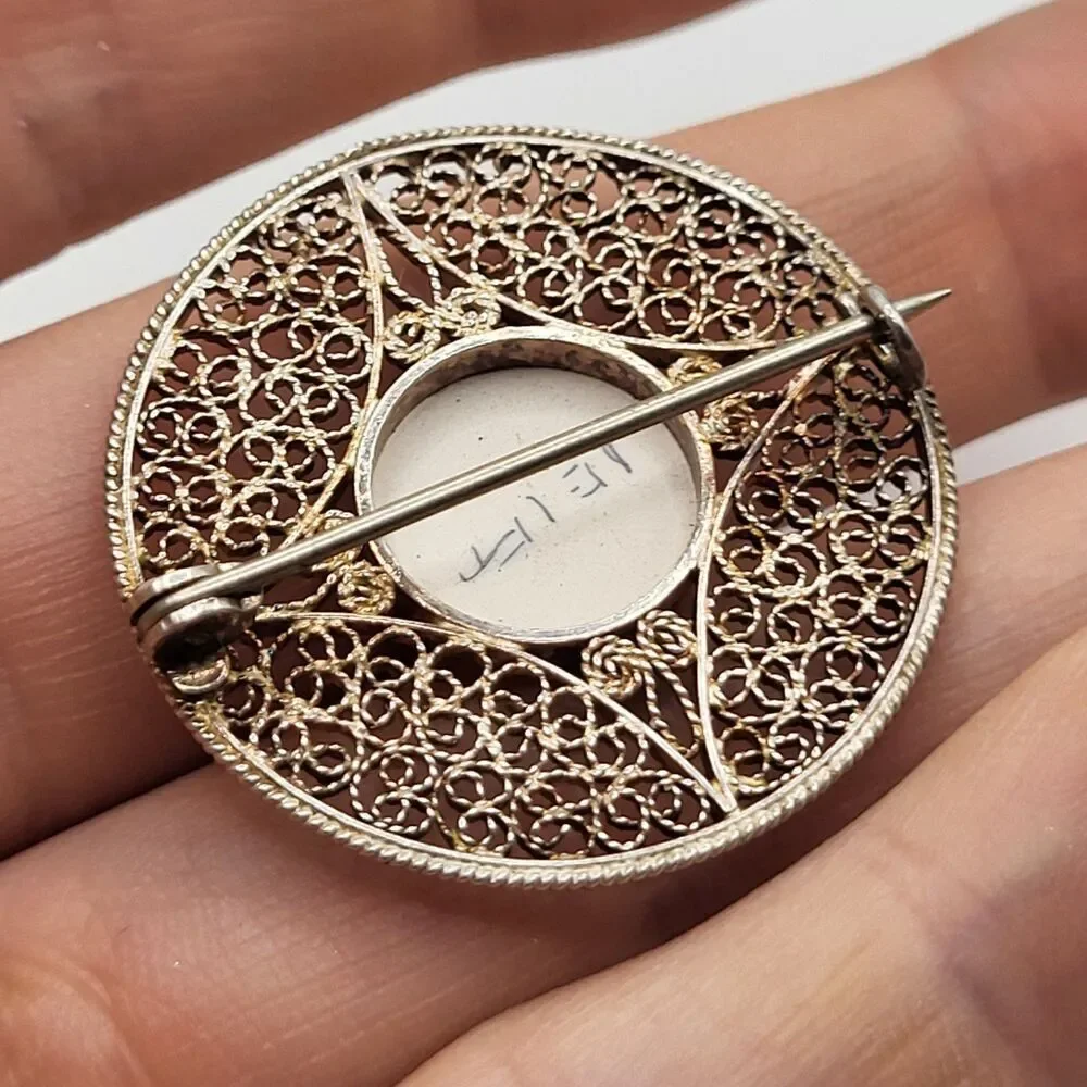 Vintage 1950’s Delf 925 Sterling Silver Filigree Porcelian Brooch 1.25in 5g